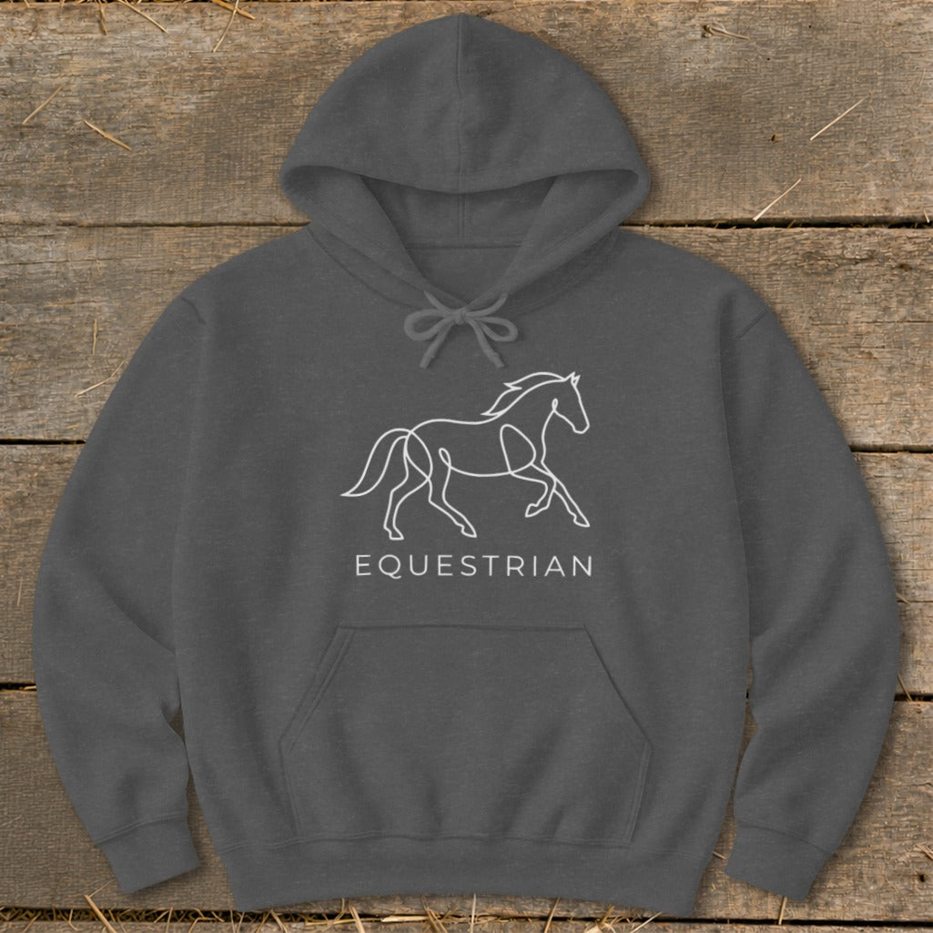 Dark grey hoodie with white line art of a horse and text "EQUESTRIAN".