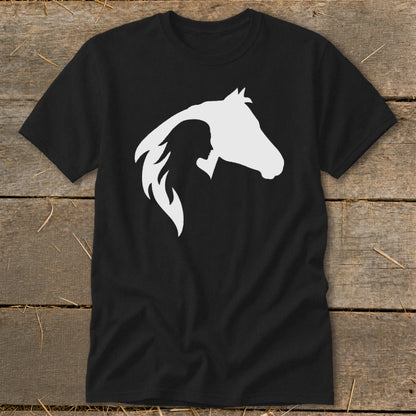 Black t-shirt with a white silhouette of a woman's profile and a horse's head.
