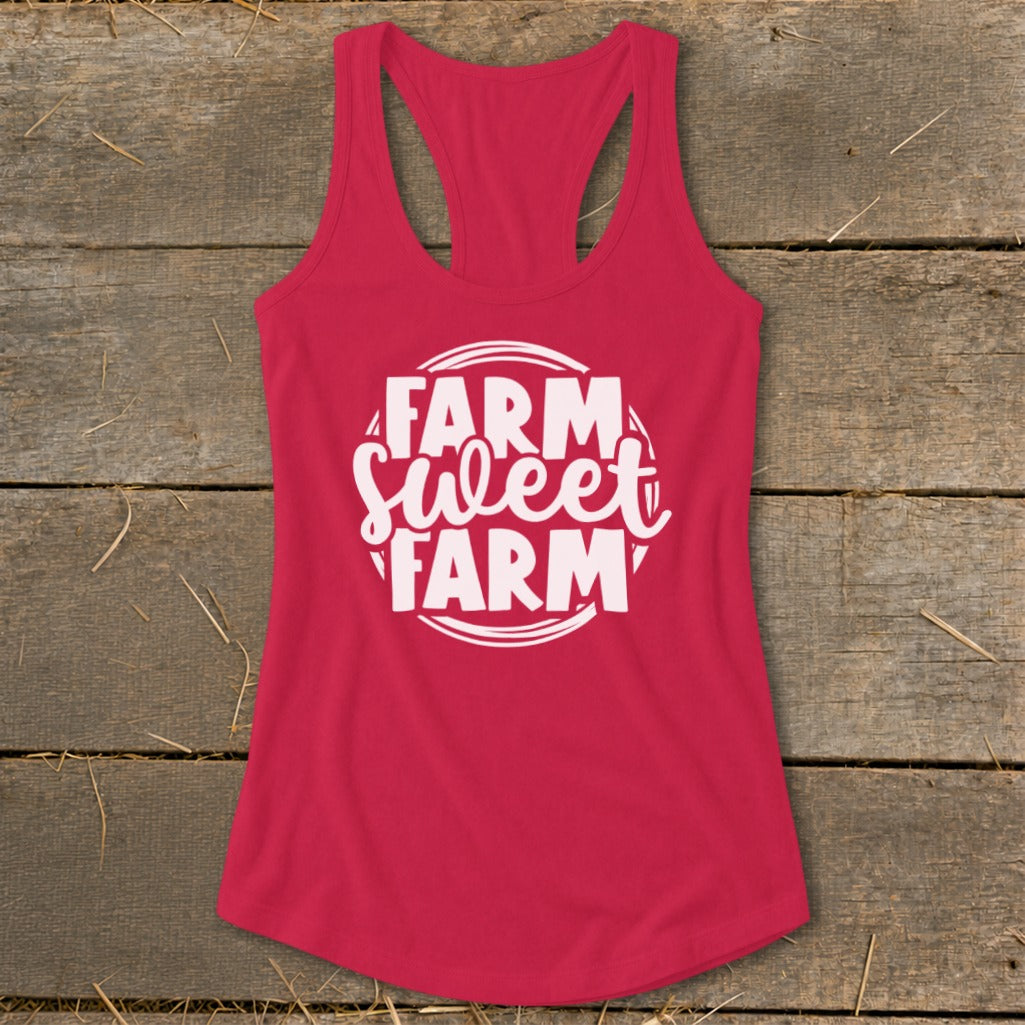 Crimson tank top with white text "FARM Sweet FARM" in a circle.