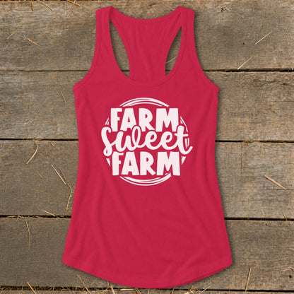 Crimson tank top with white text "FARM Sweet FARM" in a circle.