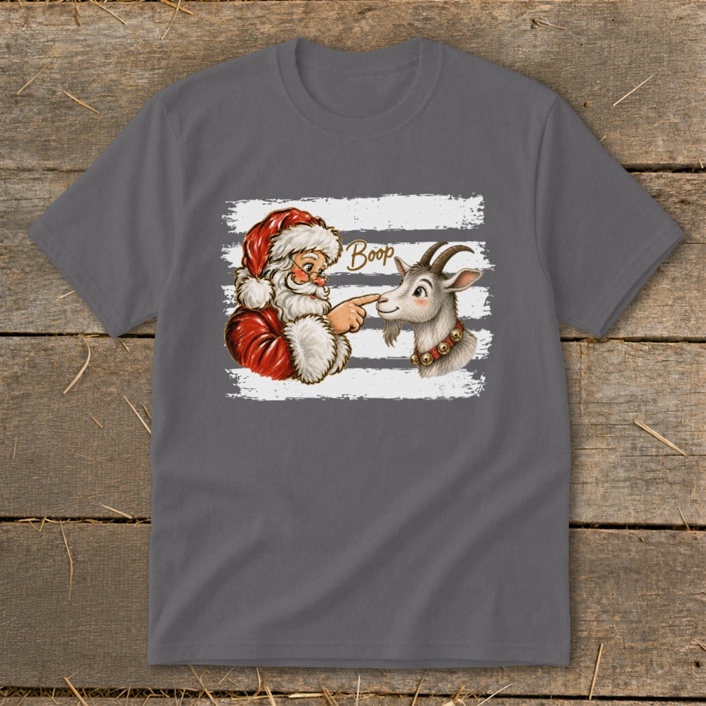 Santa booping a goat with the word "Boop" written in text.