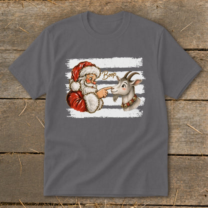 Santa booping a goat with the word "Boop" written in text.