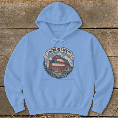 Light blue hoodie with "American Barn Co. Est. 1776 - 250 Years Strong" graphic.