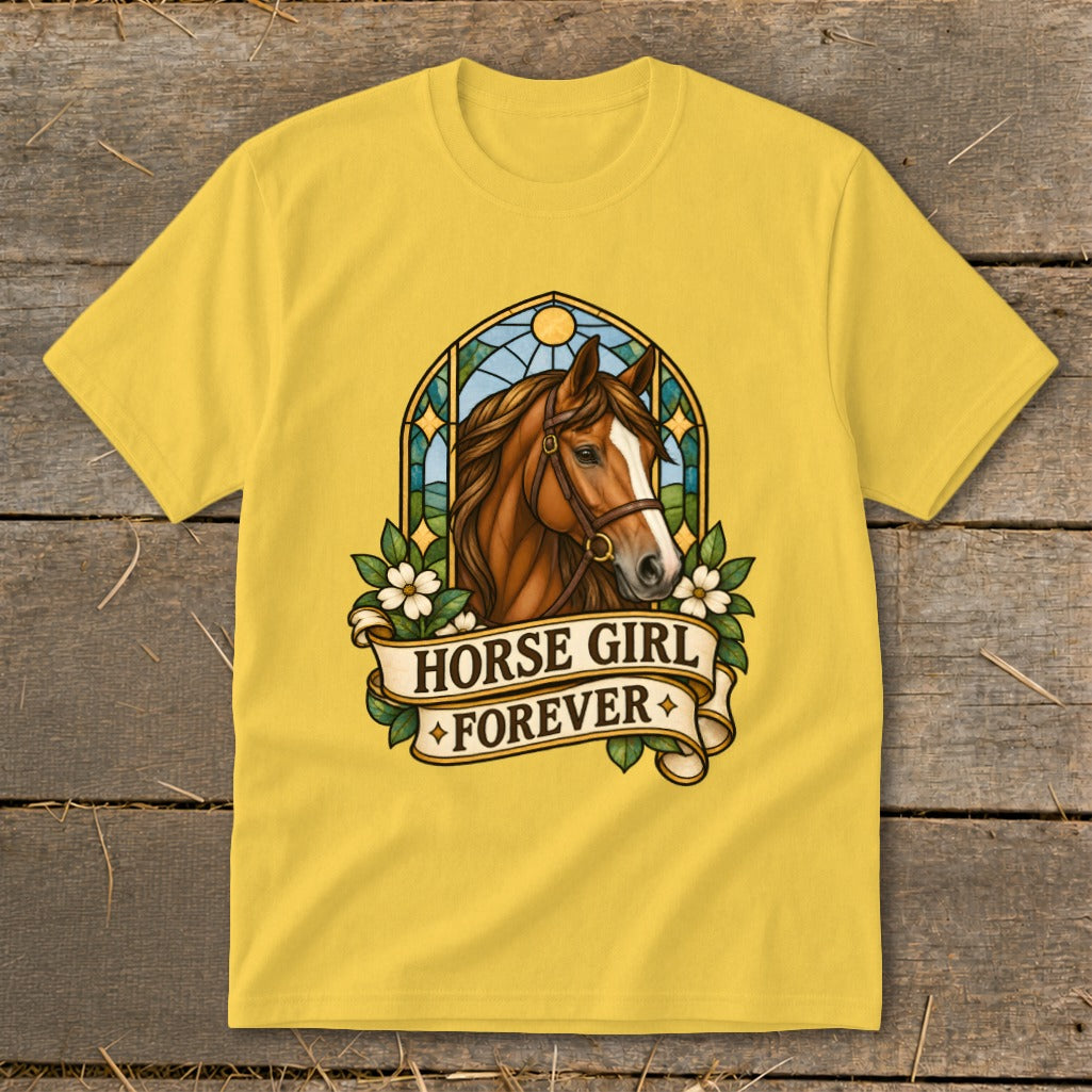 Yellow t-shirt with a stained-glass style horse head and "Horse Girl Forever" text.
