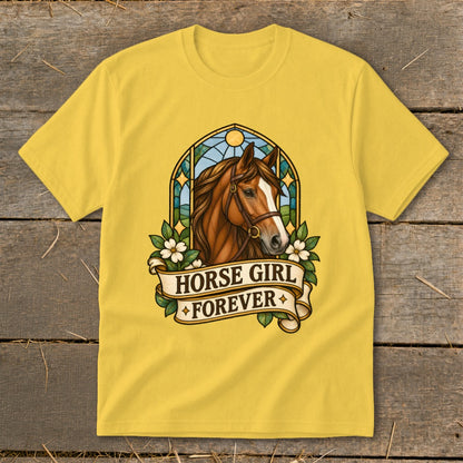 Yellow t-shirt with a stained-glass style horse head and "Horse Girl Forever" text.