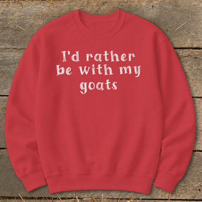 Red sweatshirt with white text "I'd rather be with my goats."