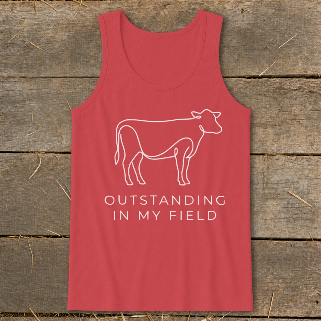 Red tank top with white cow outline and "Outstanding in My Field" text.