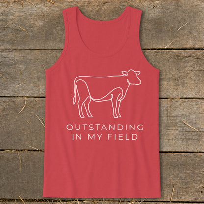 Red tank top with white cow outline and "Outstanding in My Field" text.