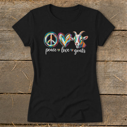 Black t-shirt with "Peace Love Goats" text and colorful peace, heart, and goat graphics.