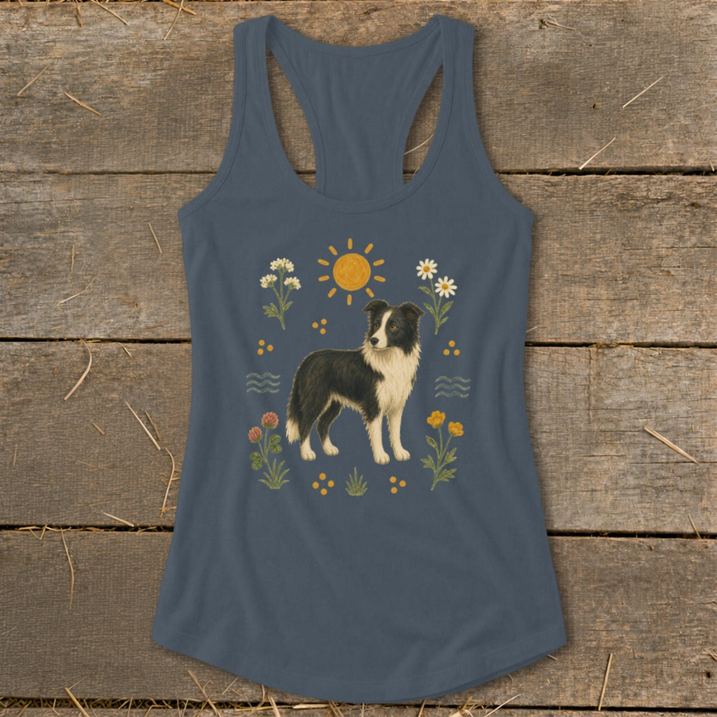 Blue tank top with a watercolor-style border collie surrounded by flowers and a sun.