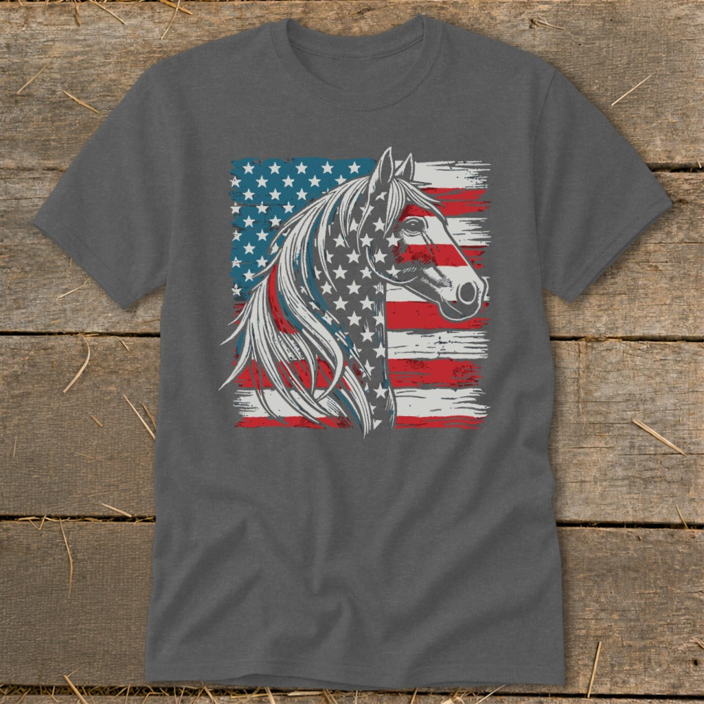 Horse head silhouette with American flag pattern on dark grey t-shirt.