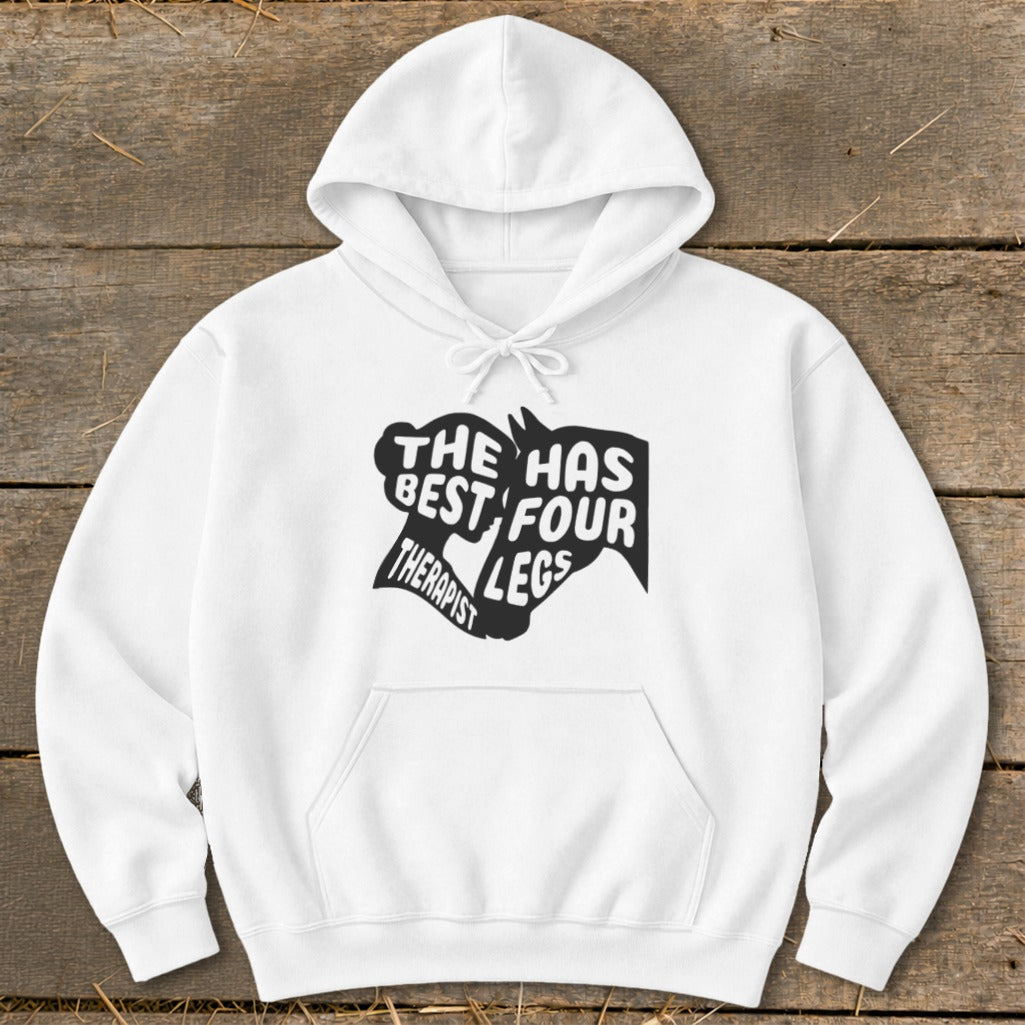 White hoodie with "The Has Best Four Therapist Legs" graphic.