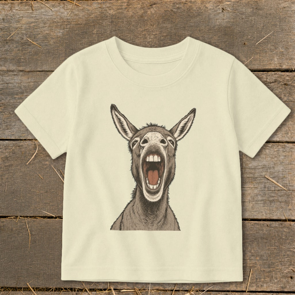 Cream t-shirt with a detailed illustration of a donkey with its mouth wide open.