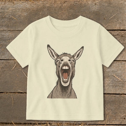 Cream t-shirt with a detailed illustration of a donkey with its mouth wide open.