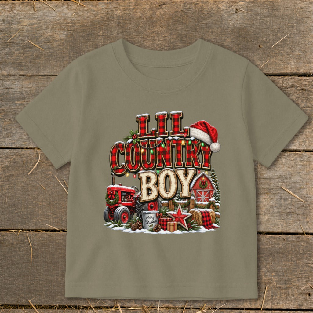 T-shirt with "Lil Country Boy" text, Santa hat, red tractor, barn, and Christmas gifts.