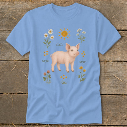 Light blue t-shirt with a pink piglet and colorful wildflowers design.