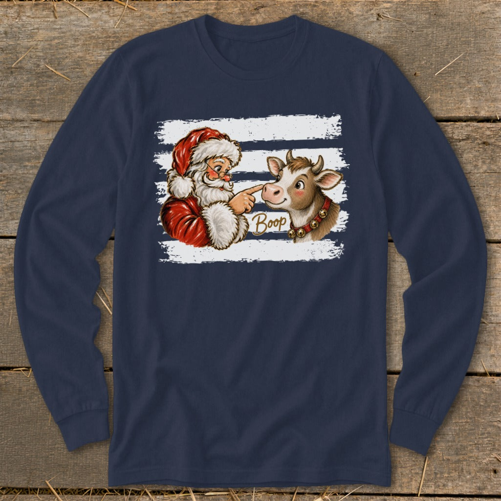 Santa boops a cow's nose on a navy long-sleeve shirt with "Boop" text.