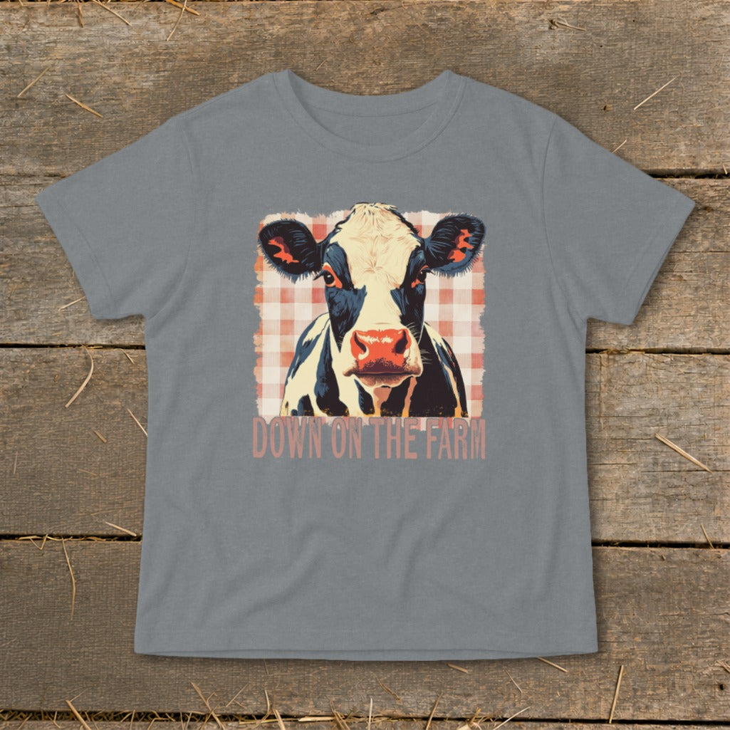 Gray t-shirt with a cow graphic and text "DOWN ON THE FARM".
