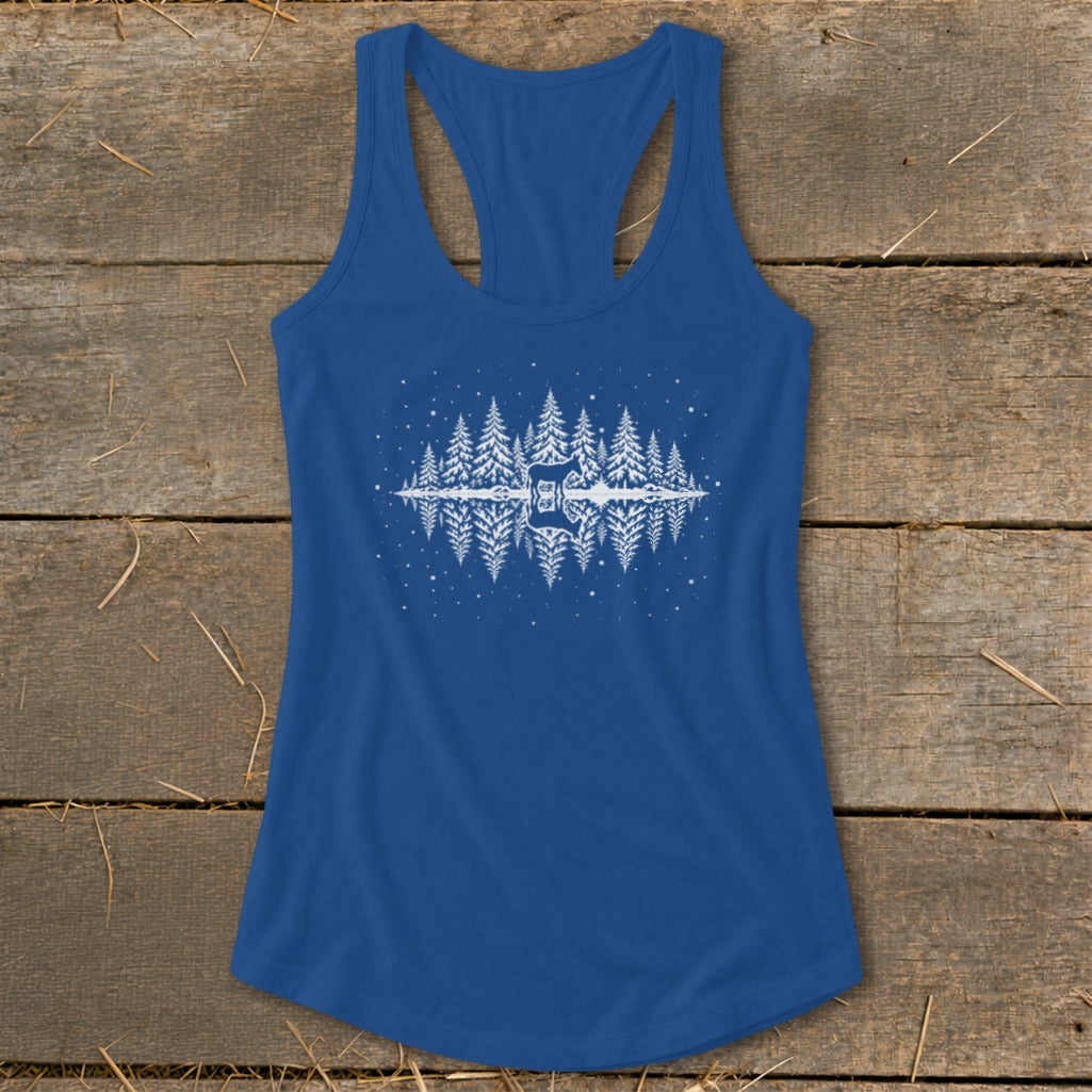 Blue racerback tank top with white winter forest scene and reflection graphic.