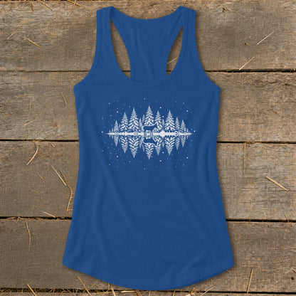 Blue racerback tank top with white winter forest scene and reflection graphic.