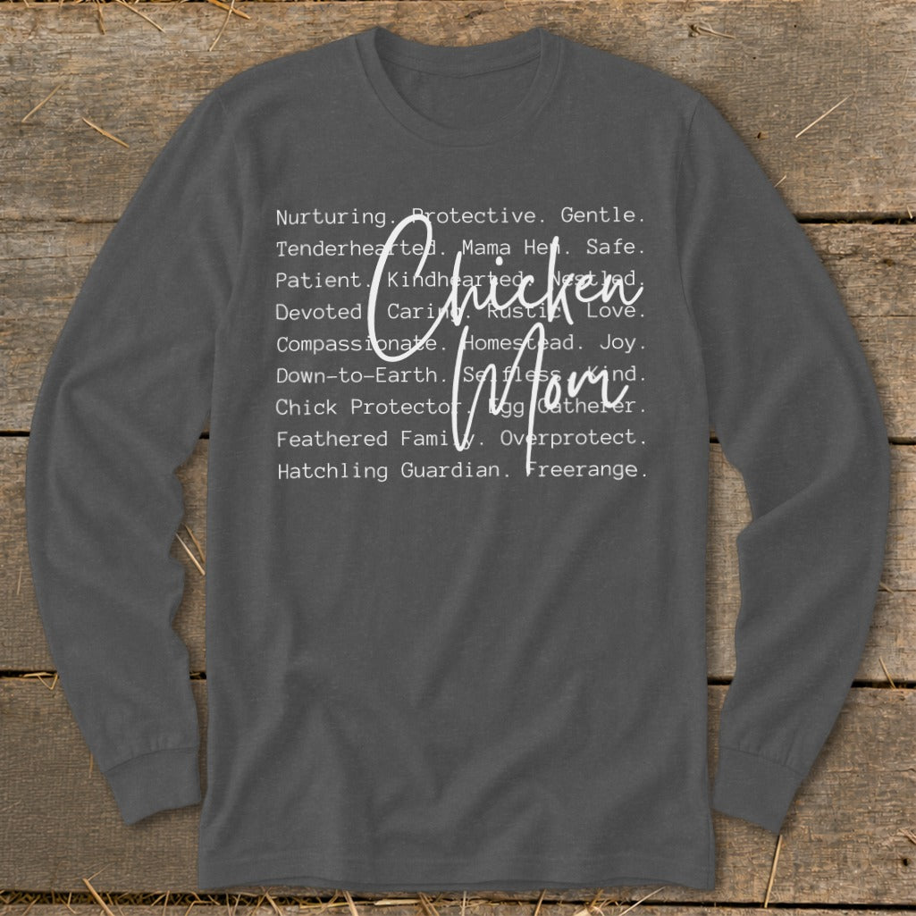 Long-sleeved shirt with "Chicken Mom" text and descriptive words.