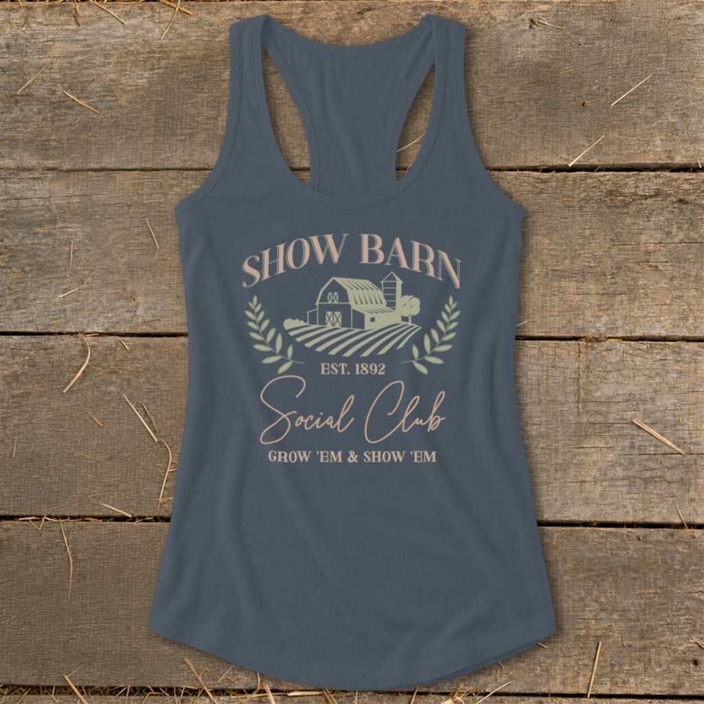 Blue tank top with "Show Barn Social Club" and farm graphic.