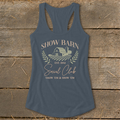 Blue tank top with "Show Barn Social Club" and farm graphic.