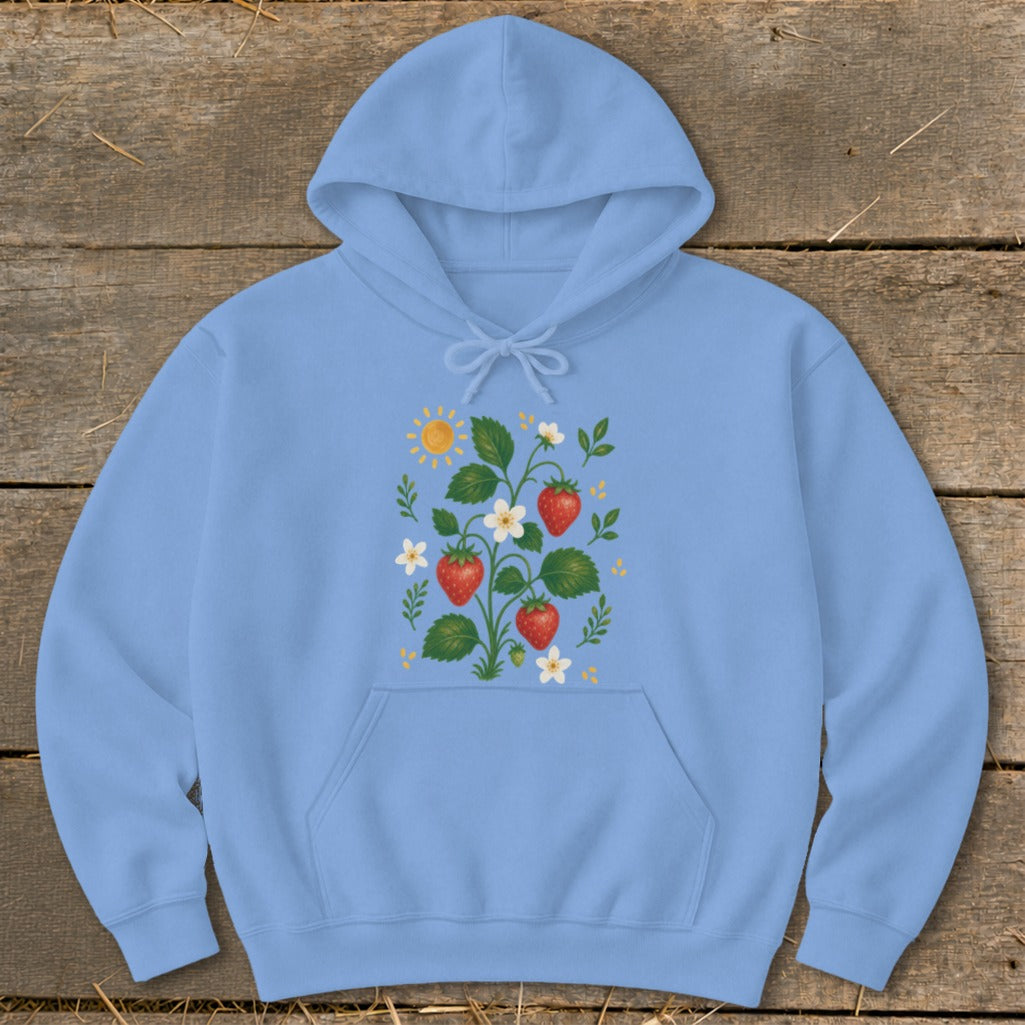 Light blue hoodie with a strawberry plant illustration and a cartoon sun.