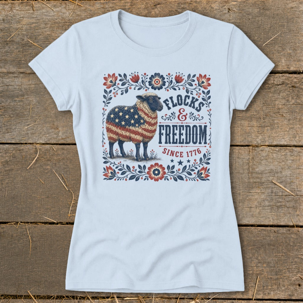 Sheep with American flag pattern and "Flocks & Freedom Since 1776" text.