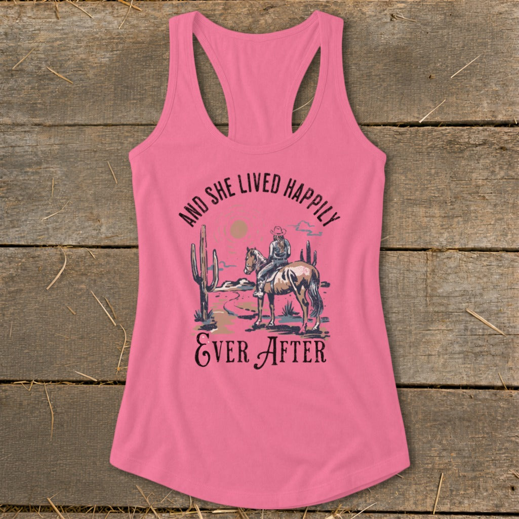 Pink tank top with desert scene and text "And She Lived Happily Ever After."