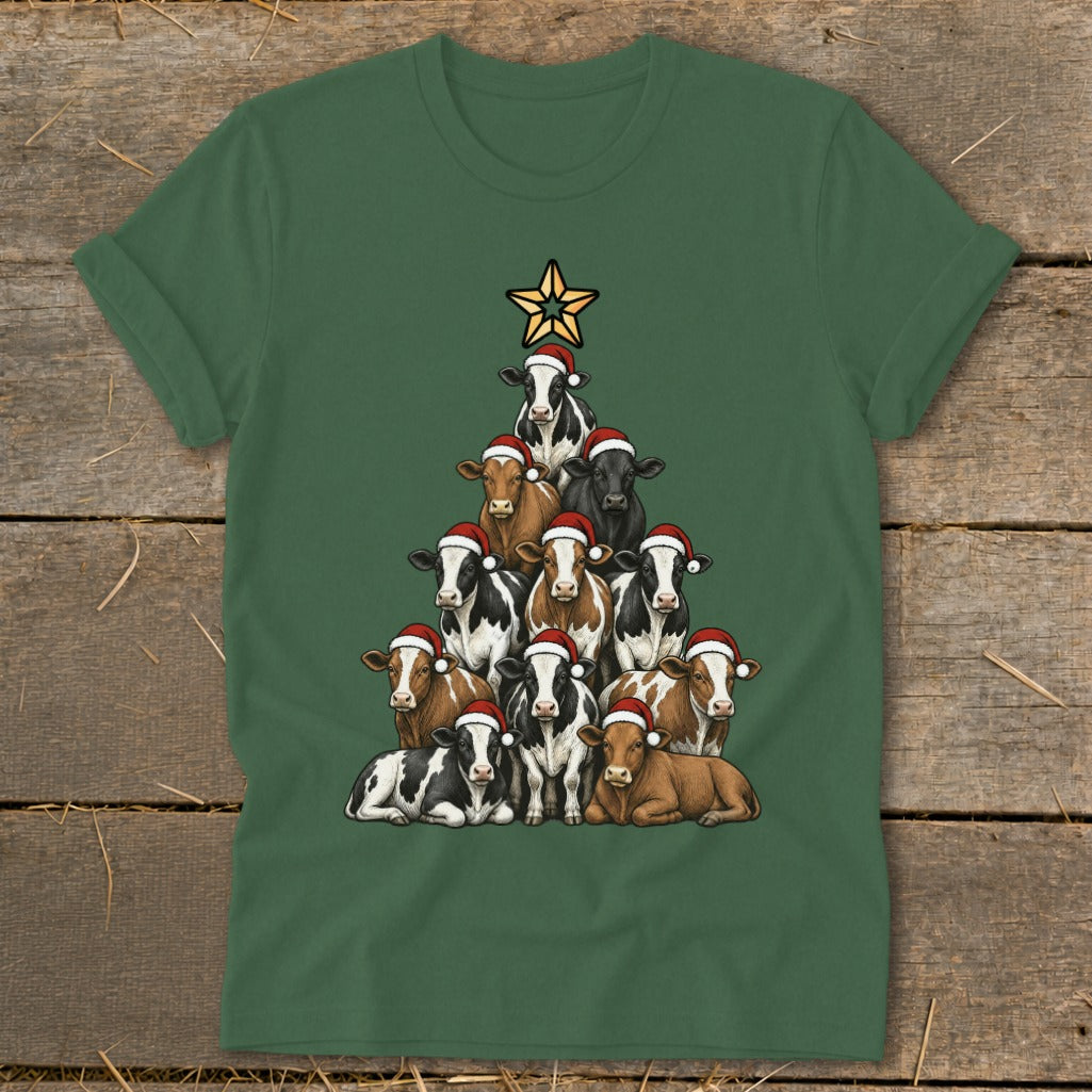 Green t-shirt with a Christmas tree made of cows wearing Santa hats.