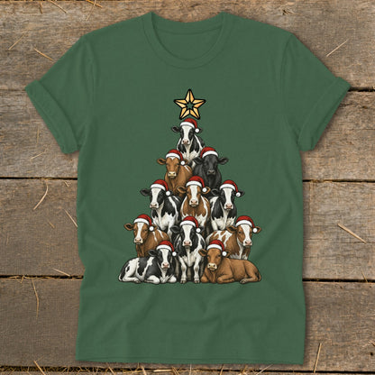 Green t-shirt with a Christmas tree made of cows wearing Santa hats.