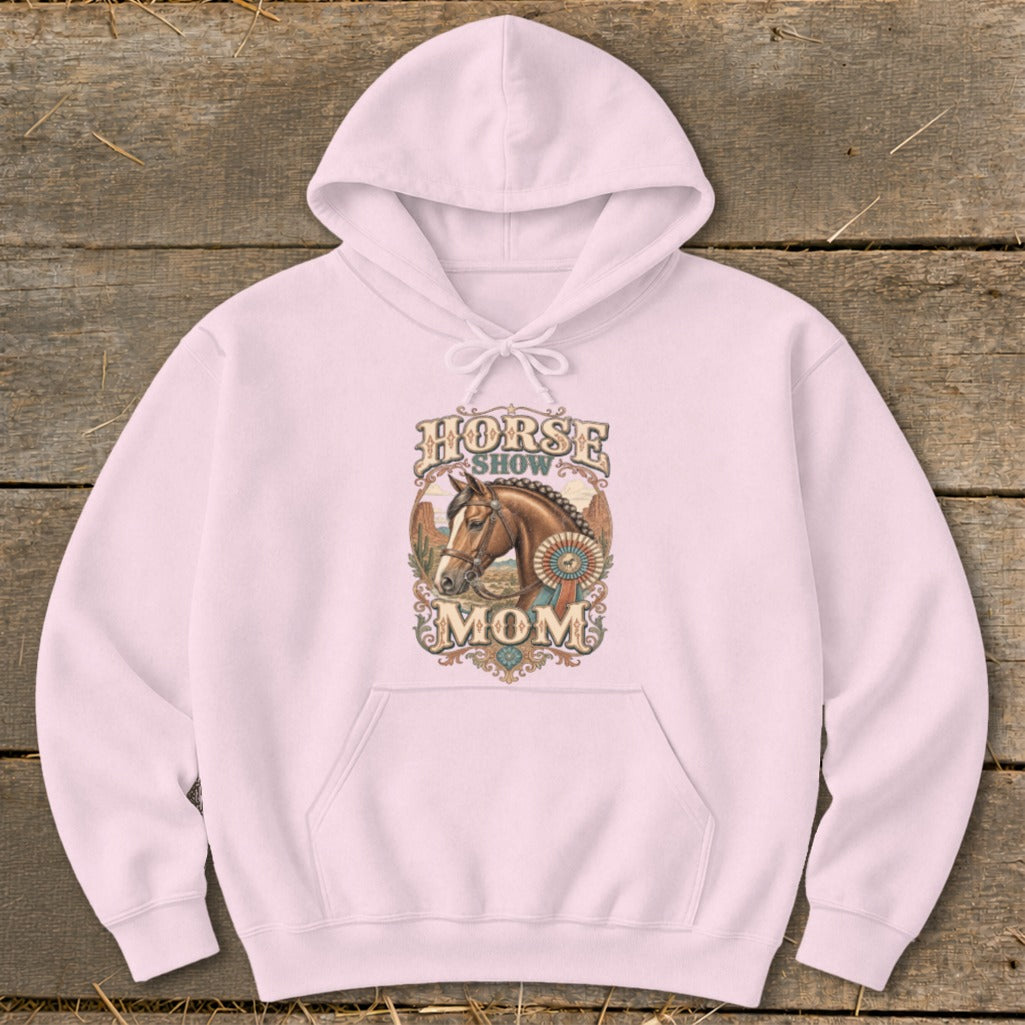 Pink hoodie with "Horse Show Mom" graphic featuring a horse and award ribbons.
