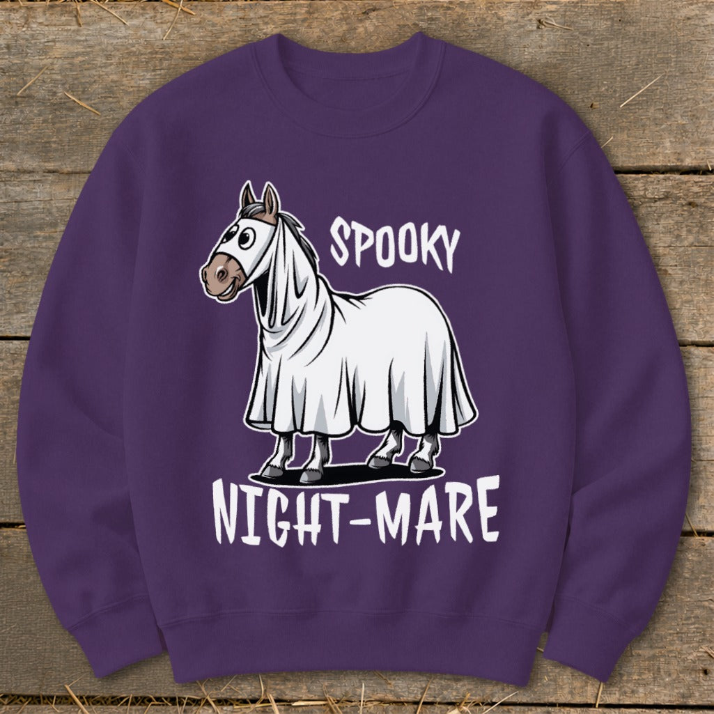 Purple sweatshirt with cartoon horse in ghost costume, text "SPOOKY NIGHT-MARE".