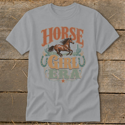 Grey t-shirt with a running horse and text "HORSE GIRL ERA".