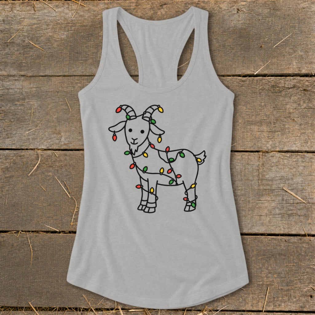 Grey tank top with a cartoon goat wrapped in colorful Christmas lights.