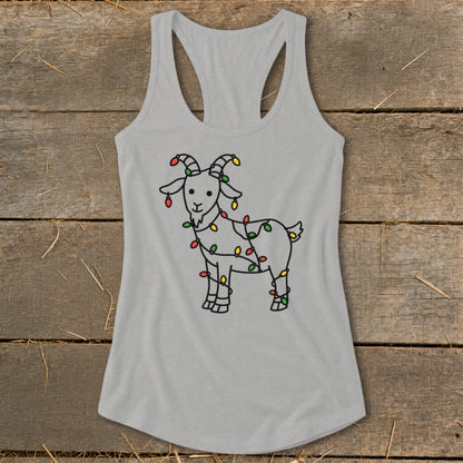 Grey tank top with a cartoon goat wrapped in colorful Christmas lights.
