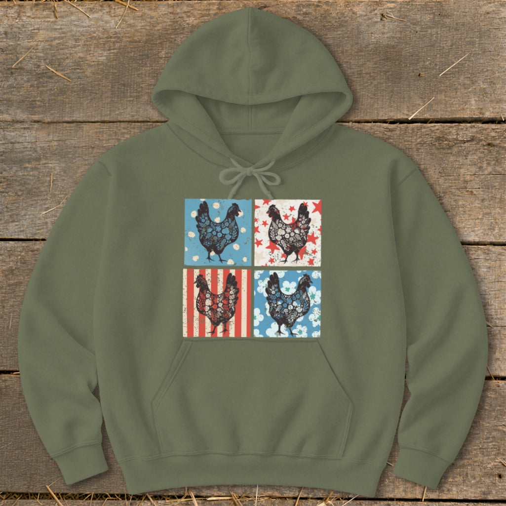 Olive green hoodie with four squares featuring patriotic chickens and patterns.
