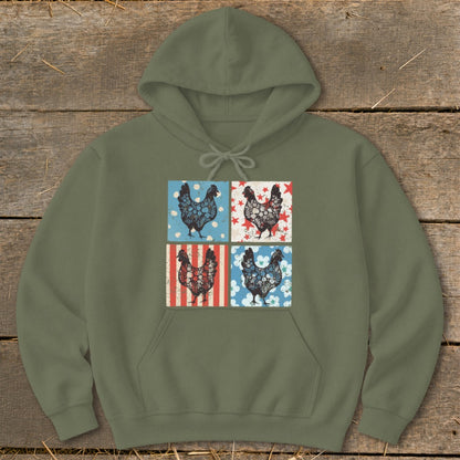 Olive green hoodie with four squares featuring patriotic chickens and patterns.