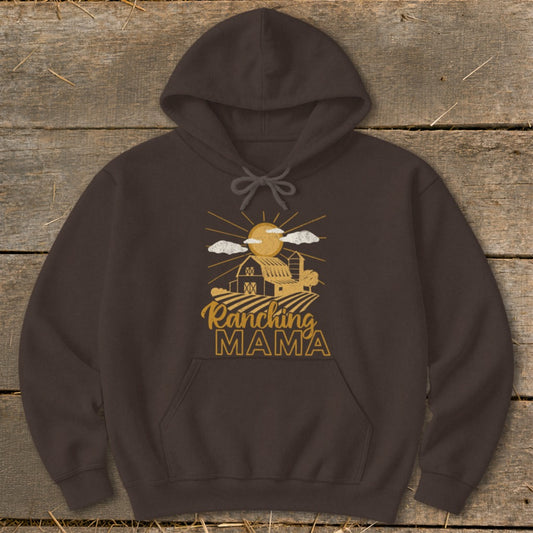 Brown hoodie with a "Ranching MAMA" graphic featuring a farm scene.