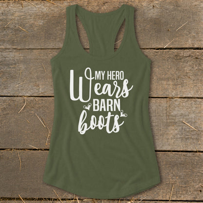 Olive green tank top with "My Hero Wears Barn Boots" text.