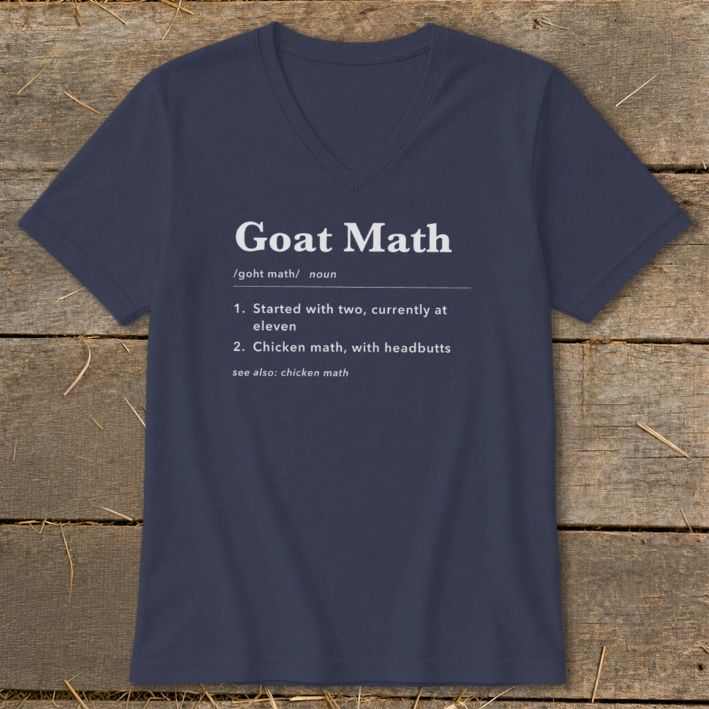 Navy v-neck t-shirt with "Goat Math" definition printed on it.
