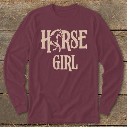 Maroon long sleeve shirt with cream text "HORSE GIRL" and a horse graphic.