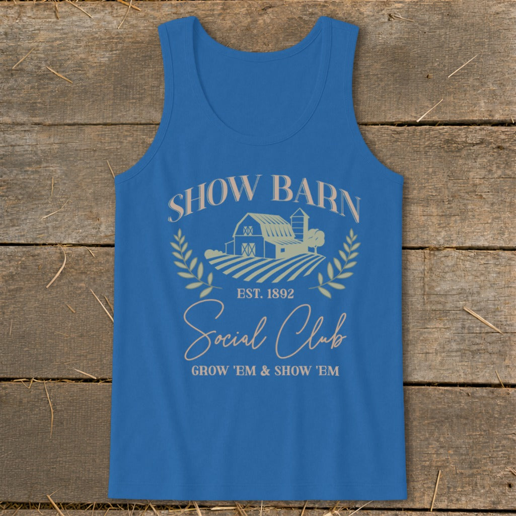 Blue tank top with "Show Barn Social Club" and farm graphic.