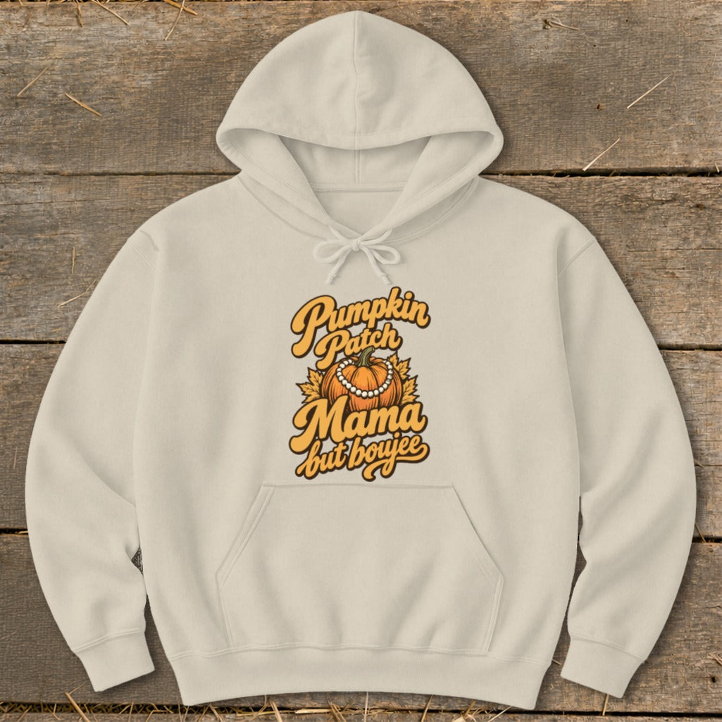 Cream hoodie with "Pumpkin Patch Mama but boujee" graphic.