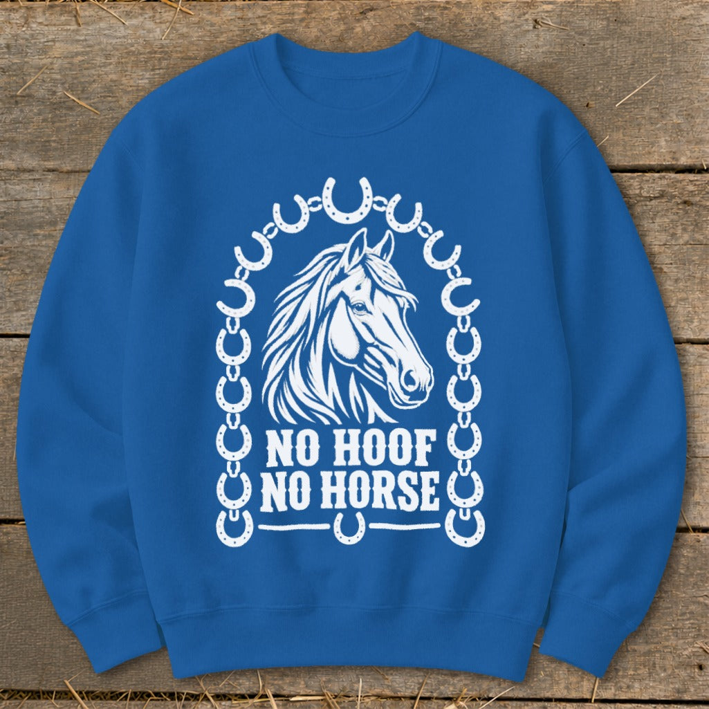 Royal blue sweatshirt with white horse graphic and "No Hoof No Horse" text.