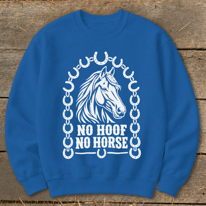 Royal blue sweatshirt with white horse graphic and "No Hoof No Horse" text.