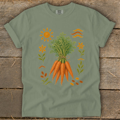 T-shirt with a bundle of carrots, sun, flowers, and leaves design.