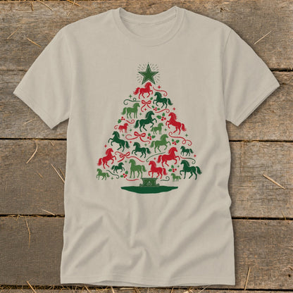 Light tan t-shirt with a Christmas tree design made of red and green horses.