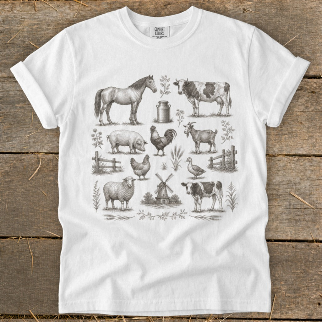 White t-shirt with a vintage farm animal illustration and Comfort Colors logo.